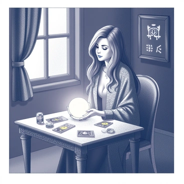 A fortune teller is seated at a small, ornate table, adorned with intricate patterns. She has long, flowing hair and wears a richly detailed shawl draped over her shoulders. Her hands are delicately positioned around a glowing crystal ball, reflecting a soft light. The room is dimly lit, with shadows creating an air of mystery. Various trinkets and tarot cards are scattered across the table, adding to the enchanting atmosphere. The walls of the room are lined with draped fabrics and mystical symbols, enhancing the overall enigmatic setting.