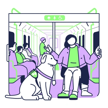 A service dog riding a subway train alongside its owner, showcasing accessibility