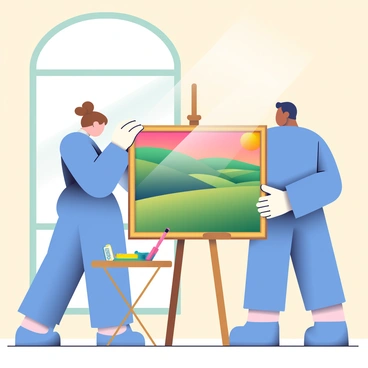 A classic painting featuring a serene landscape with rolling hills and a vibrant sky is being carefully held by two museum conservators. One conservator, a woman with light brown hair tied up in a bun, is wearing white gloves and a blue lab coat, gently supporting one side of the painting. The other conservator, a man with dark hair, is positioned at the opposite end, also dressed in white gloves and a blue lab coat. The gallery space is filled with soft natural light streaming through large windows, highlighting the painting as they prepare to place it on a wooden easel. Various tools like a bubble level and a measuring tape are neatly arranged on a nearby table, ready for use. The walls of the gallery are painted a soft cream color, creating a warm and inviting atmosphere.