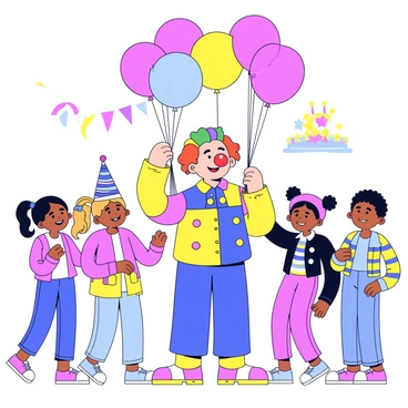 A clown-like joker with a bright red nose and colorful hair is blowing up several balloons. The joker is wearing a multicolored outfit with big buttons and oversized shoes. Around the joker, there are excited kids of various ages, all smiling and reaching out for the balloons. Some of the children are wearing party hats and holding colorful party favors. The scene is filled with a festive atmosphere, with decorations like streamers and a cake in the background.