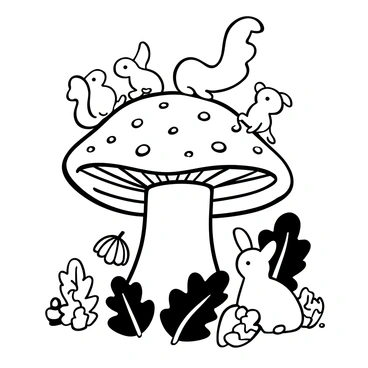 A variety of woodland creatures, including several squirrels with bushy tails and fluffy rabbits with long ears, are gathered around a large, detailed mushroom with a wide cap. The squirrels are climbing on the mushroom, while the rabbits are sitting on the ground nearby. There are fallen leaves scattered around the base of the mushroom, creating a natural forest floor setting. Some acorns and small twigs are visible in the surroundings, adding to the woodland ambiance.