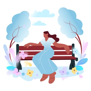 Aaliyah is seated on a wooden bench in the center of a beautiful garden. She is wearing a flowing dress that complements the surroundings. Around her are blooming flowers in various colors, including pink, yellow, and lavender. The gentle sunlight filters through the leaves of tall trees, creating dappled patterns on the ground. Fluffy clouds drift lazily in the blue sky above, enhancing the tranquil atmosphere of the garden.