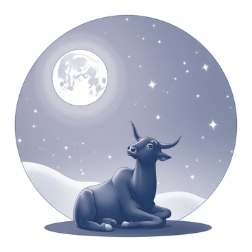 A serene landscape featuring a silhouette of a Nandi bull sitting calmly. The Nandi is gazing upward towards a large, luminous full moon that occupies a prominent position in the night sky. Surrounding the moon, numerous stars twinkle, creating a rich backdrop of celestial bodies. The scene conveys a sense of peace and tranquility, with the Nandi positioned in a thoughtful pose under the vastness of the starry sky.