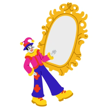 A jester wearing a colorful costume with bright red, blue, and yellow patterns stands in front of a large, ornate mirror. The mirror has an intricately designed golden frame with swirling patterns and embellishments. The jester is tilting his head slightly to one side, gazing at his reflection with a playful smile. His face is painted with white makeup, accentuated by a red nose and exaggerated eyebrows. Colorful bells hang from the tips of his hat, which bounces as he moves. The scene exudes a sense of whimsy and lightheartedness.