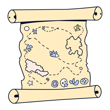 A treasure map is rolled out on a piece of parchment. The map features a series of intricate lines and dotted paths leading to an 'X' mark. Various landmarks are illustrated, including a mountain range, a dense forest, and a river. Along the edges of the map, detailed drawings depict ancient symbols and icons representing the 'enzyme'. The colors are earth tones with hints of gold for the 'X' and the enzyme illustrations, emphasizing their importance. The map is slightly aged, with frayed edges and a subtle texture that suggests long use.