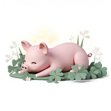 A pink pig, with a smooth and slightly shiny coat, is lounging contentedly in a vibrant patch of green clover. Its large, floppy ears are relaxed, and its small, curly tail is visible behind it. The pig is stretched out comfortably, with its eyes half-closed, enjoying the warm sunlight filtering through the leaves above. Surrounding the pig are lush clover leaves, some with delicate white flowers peeking through, adding to the serene outdoor setting. The background features a soft blur of additional greenery, emphasizing the peaceful environment.