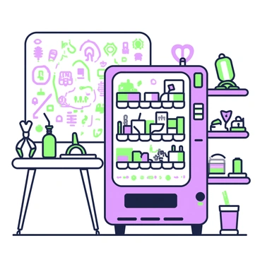 A vending machine is positioned in the corner of a robotics workshop. The machine features a glass front displaying an array of electronic components and tools. Inside, there are small bins filled with items such as resistors, capacitors, wires, and circuit boards, all neatly organized. Next to the machine, a workbench is cluttered with tools like pliers, screwdrivers, and a soldering iron. The workshop has shelves lined with additional robotics materials, and a large whiteboard covered in sketches of robot designs is mounted on the wall behind the machine.