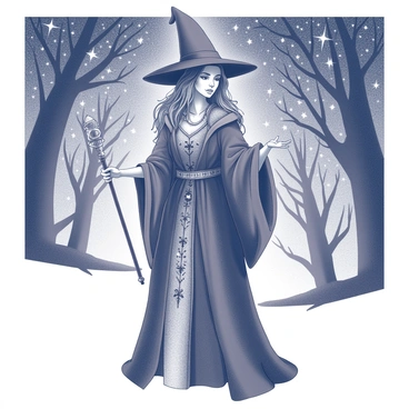 A medieval witch dressed in intricately detailed robes, stands confidently with her beautifully decorated wand held firmly in one hand. Her attire features elaborate patterns and textures, showcasing the craftsmanship of the era. The night sky above is filled with countless stars, forming a stunning celestial canopy. The witch's long hair flows gracefully around her shoulders, and a gentle breeze subtly lifts the ends of her robes. In the background, silhouettes of ancient trees frame the scene, adding to the magical ambiance.