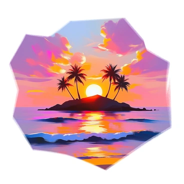 A vibrant sunset scene over an island, with the sky filled with rich shades of pink and purple. The sun is low on the horizon, casting warm light that reflects on the calm waters surrounding the island. Silhouettes of palm trees can be seen along the shoreline, framing the view. The clouds are embellished with golden hues, creating a dramatic contrast against the colorful sky. The gentle waves lapping at the beach add a sense of calm to the serene setting.