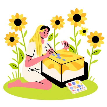 Nami sitting among sunflowers, painting an illustrated box that matches their bright colors.
