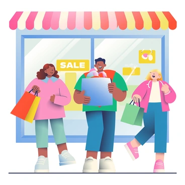 A group of three happy consumers is standing outside a store during a sale event. One consumer, a woman with curly brown hair, is holding two colorful shopping bags, one red and one yellow. Next to her, a man with short black hair is smiling while carrying a large blue shopping bag filled to the brim. The third consumer, a teenage girl with straight blonde hair, is holding a green shopping bag and looking excitedly at the store window, which displays bright sale signs. The storefront features large glass windows, and colorful banners indicating the sale are hanging above the entrance.