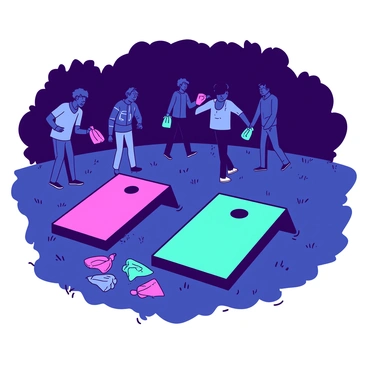 A nighttime cornhole game is set up on a grassy field, surrounded by darkness. There are two cornhole boards, each illuminated with a bright neon color. The first board is glowing in a vibrant teal, while the second board shines in a vivid pink. Scattered around the boards are several neon bags, each in complementary colors, ready to be tossed. A group of players can be seen in the background, all focused on the game, their excited expressions visible as they prepare to throw the bags. The scene captures the lively atmosphere of a night filled with friendly competition.