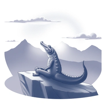 A large crocodile is positioned in a meditative pose atop a rugged mountain peak. Its body is elongated, with distinctive scales visible along its back. The background features dramatic mountain ranges silhouetted against the horizon. The sun is rising, casting light that creates a striking contrast against the sharp peaks. The sky is filled with intricate cloud formations, suggesting the early morning light. The scene conveys a sense of tranquility and isolation at this elevated location.