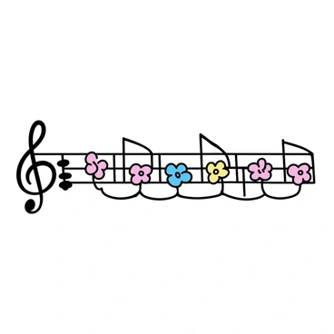A sheet of music, featuring lines and spaces where traditional musical notes are replaced by cute little flowers. Each flower is uniquely colored, with petals in pastel shades of pink, blue, and yellow. The flowers are arranged in a flowing pattern across the staff, creating a whimsical visual representation of melody. The background is plain white, enhancing the vibrant colors of the flowers.