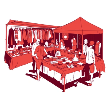 A red flea market scene is bustling with activity. Various stalls are set up with overflowing displays of vintage clothing, showcasing bright patterns and textures. Nearby, there are tables filled with antique items, including old books, ceramic figurines, and vintage jewelry, all arranged attractively. Excited shoppers, dressed in casual clothing, are wandering around, some examining the items closely while others chat animatedly with stall owners. The atmosphere captures a lively day of treasure hunting among vibrant merchandise.