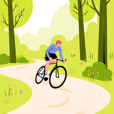 A cyclist in a bright red helmet and a blue jersey is speeding down a winding forest trail. The path is bordered by tall, green trees with sunlight filtering through the leaves, casting dappled shadows on the ground. The cyclist's bike is sleek and black, with thin tires that grip the dirt trail. In the background, various shades of green foliage create a lush atmosphere, while a few colorful wildflowers peek out along the sides of the path. The cyclist appears focused and determined, with a slight lean forward as they navigate the curve of the trail.