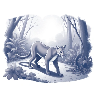 A cougar walking gracefully at the edge of a dense jungle. The animal features a sleek, muscular body, with its head held high, alert and curious. Surrounding the cougar are thick trees and various underbrush, creating a sense of depth and wilderness. The foliage includes large leaves and intertwining vines, enhancing the jungle atmosphere. The ground is uneven, covered with fallen leaves and twigs, indicating the rich biodiversity of the environment. The scene captures the essence of adventure and exploration as the cougar navigates its natural habitat.