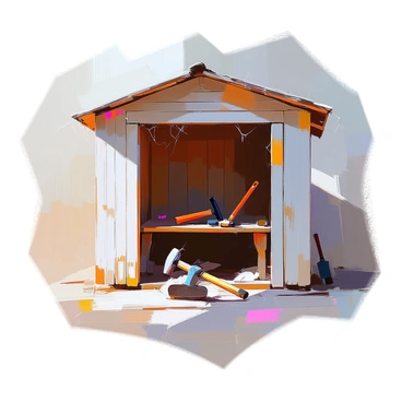A weathered toolshed made of aged wood, with peeling paint and a slightly slanted roof. The interior is dimly lit, casting shadows that highlight the corners filled with cobwebs. A few scattered tools, including a rusty hammer, a worn shovel, and a paintbrush with dried paint, are placed haphazardly on a wooden bench. Dust motes dance in the air, and the floor is covered with a thin layer of dust, indicating little activity in the shed. The atmosphere is quiet and forgotten, capturing the essence of neglect.