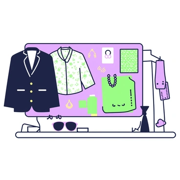 A moodboard is set up on a wooden surface. On the left side, there are high-fashion Chanel pieces displayed, including a classic black blazer with gold buttons and a silk blouse with a delicate floral pattern. To the right, there are several fabric swatches, showcasing a mix of textures and patterns. One swatch is a luxurious tweed in intricate patterns, while another features a smooth satin in a vibrant hue. Interspersed among the items are small sketches of fashion designs and a few gold accessories like a statement necklace and a pair of earrings. A stylish pair of sunglasses rests at the bottom, completing the moodboard.