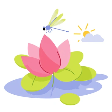 A dragonfly with iridescent green wings is hovering above a blooming pink lotus plant. The lotus has large pink petals that are gently unfolding, surrounded by lush green leaves floating on the water's surface. The background features a soft blue sky with a few fluffy white clouds, enhancing the serene atmosphere of the scene. Sunlight glimmers off the water, creating a shimmering effect around the lotus.