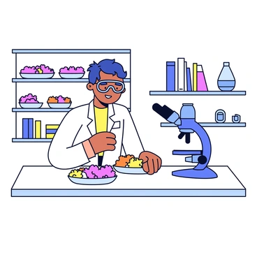 A laboratory scene featuring a researcher wearing a white lab coat and safety goggles. The researcher is examining diseased coral samples placed in multiple petri dishes on a clean white table. The coral samples are colorful, showcasing various shades of pink, orange, and green. In the background, there are shelves filled with lab equipment and scientific books. A microscope is positioned next to the researcher, emphasizing the investigative nature of the work being conducted. The overall atmosphere is clinical and focused on scientific study.