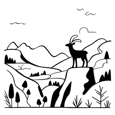 An ibex with large curved horns standing proudly atop a rugged rocky cliff. The ibex has a strong posture, with its hooves firmly positioned on the uneven terrain. Below, a vast valley stretches out, filled with various types of vegetation and trees. The valleys are sculpted by the contours of the land, creating depth and dimension in the landscape. In the distance, jagged mountain peaks rise sharply against the horizon. The scene captures the majestic presence of the ibex against the backdrop of nature’s grandeur.
