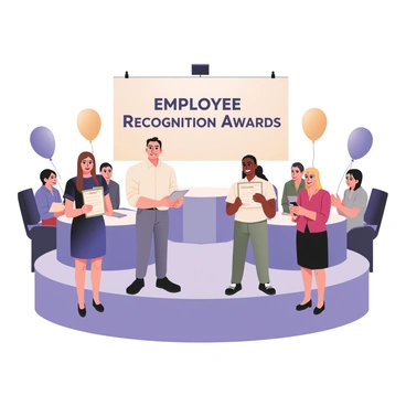 A digital flat illustration depicting an award ceremony in an office setting. In the foreground, a group of employees stands on a stage, each holding a certificate. The first employee on the left is a woman with long brown hair, wearing a navy blue dress and black heels. Next to her is a man with short black hair, sporting a white shirt and gray pants, who is smiling while holding his certificate. To the right, another woman with shoulder-length blond hair is wearing a red blouse and black skirt, looking proud as she shows off her certificate.

In the background, a large banner displays "Employee Recognition Awards" in bold letters. There are several round tables filled with colleagues sitting, clapping, and cheering. Balloons in shades of blue and gold float above them, enhancing the festive atmosphere. A spotlight shines on the stage, highlighting the award recipients.