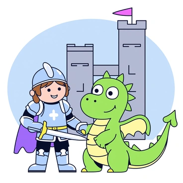 A brave cartoon knight wearing shining armor stands beside a friendly dragon with bright green scales. The knight has a determined expression and holds a sword that sparkles in the sunlight. The dragon has large, expressive eyes and is smiling, with its wings gently folded at its sides. They are positioned near a tall castle made of grey stone, with tall towers and colorful banners fluttering in the breeze. A clear blue sky serves as the backdrop for this scene.