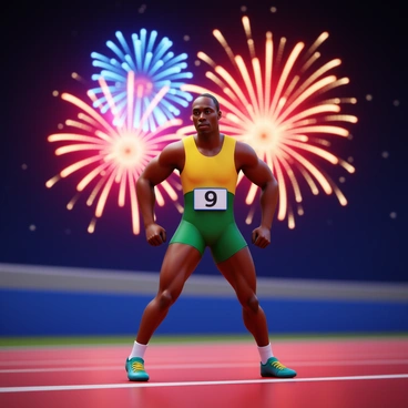 A 3D icon of a sprinter in mid-pose, capturing "Usain Bolt" performing his iconic victory stance. The figure shows detailed athletic wear with the number "9" on the jersey. In the background, a vibrant display of "fireworks" illuminates the night sky with bright colors like red, blue, and gold. The scene emphasizes the energy and excitement of the moment, with sparks and trails from the fireworks adding dynamic movement to the composition.