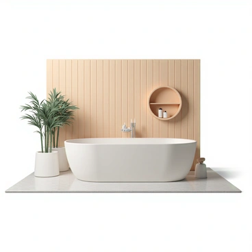 A minimalist bathroom featuring a large, smooth stone bath positioned in the center of the space. The walls are adorned with natural wood panels, providing a warm contrast to the stone. To the side of the bath, there are several tall, lush bamboo plants arranged in sleek planters, adding a touch of greenery. Soft, warm lighting illuminates the space, creating a calm ambiance. The floor is made of polished stone tiles that reflect the surrounding elements. A small wooden shelf holds a few simple candles for an accent.