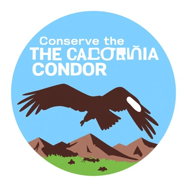 A duotone illustration features a California condor soaring majestically through a blue sky. Its large wings are spread wide, showcasing the striking white patches on its underwings. Below the condor, there is a rugged landscape of brown mountains and a sparse green valley. In the upper corner of the poster, the phrase "Conserve the California Condor" is displayed in bold, white letters. The overall composition emphasizes the beauty and grandeur of the condor in its natural habitat.