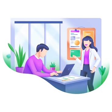 A modern pastel illustration depicting a candidate seated at a desk in a recruitment agency's office. The candidate is focused on a laptop, with a sheet of paper and a pencil nearby. The office features a large window with natural light streaming in, illuminating various plants positioned around the room. A wall showcases a bulletin board filled with colorful charts and notes related to job placements. A friendly recruiter stands nearby, observing the candidate with a supportive expression.