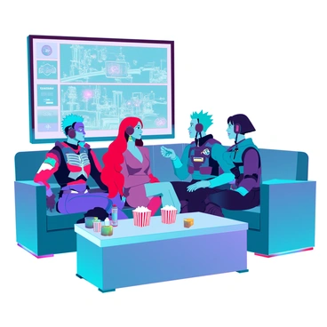 A group of four cosplayers gathered together in a living room, each wearing intricate character costumes. The first cosplayer has bright blue hair styled in an exaggerated fashion, dressed in a vibrant, armored suit with glowing accents. The second cosplayer has long, flowing red hair and is clad in a flowing, magical gown adorned with stars. The third cosplayer has short, spiky green hair and is wearing a futuristic jacket with technological elements and a headset. The fourth cosplayer, with a sleek black wig, is donning a tactical suit complete with various high-tech gadgets. They are all sitting on a comfortable couch, intently focused on a large screen displaying scenes from their favorite film, with popcorn and beverages scattered on the coffee table in front of them. The room is softly illuminated by colorful LED lights, creating an immersive atmosphere.