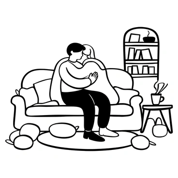 A person comforting a friend with a warm embrace in a cozy living room.