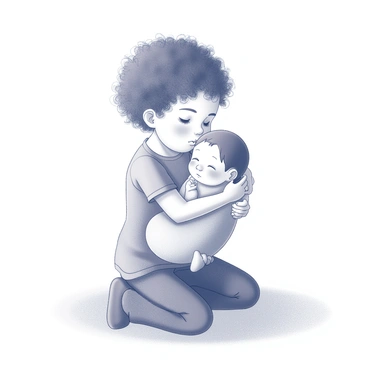 A toddler with curly hair is kneeling on a soft, textured surface, embracing their newborn sibling. The toddler's hands are wrapped around the baby, demonstrating a protective and loving gesture. The newborn is swaddled in a cozy blanket, with a peaceful expression on their face. The scene captures a moment of tenderness and connection between the two siblings, highlighting the innocence and warmth of their relationship. The background features simple, unobtrusive elements that emphasize the bond between the toddler and the newborn.
