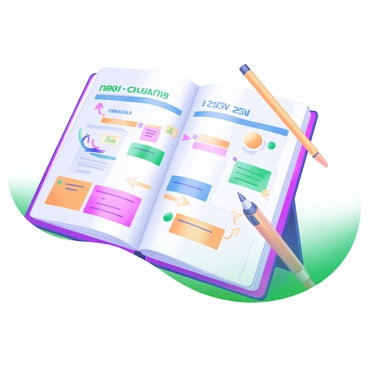 An open notebook with a detailed project timeline and colorful diagrams