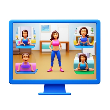 A virtual fitness class screen displaying several participants engaged in "heel taps" at home. Each participant is in a different room, showcasing various home environments such as a living room, bedroom, and home gym. Some participants wear colorful athletic outfits, while others have workout mats underneath them. The screen layout includes a central instructor demonstrating the exercise, with animated energy lines illustrating movement. Each participant has their video frame highlighted, showing focused expressions and active postures as they perform the "heel taps".