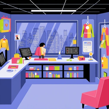 Inside a superhero's lair, filled with gadgets, costumes, and a panoramic city view