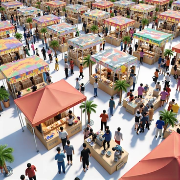 A vibrant international trade festival featuring a lively atmosphere and numerous colorful booths. Each booth represents a different country, adorned with flags, traditional decorations, and displays of unique products. People of diverse backgrounds are interacting, some sampling exotic foods while others admire handcrafted items. The ground is filled with decorative banners and signs showcasing the names of the countries. Bright lighting enhances the cheerful ambiance, and various cultural performances take place on a central stage, attracting the attention of festival-goers.