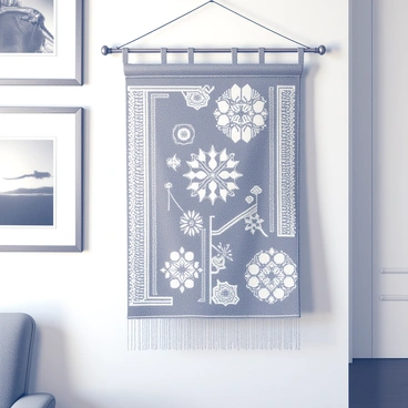 A textile art piece with medium-sized woven patterns is hanging on a wall. The patterns consist of geometric shapes and intricate designs. The weaving texture is visibly detailed, showcasing the craftsmanship. The piece is framed neatly, enhancing its display on the wall. The surrounding area features neutral-toned wall decor, allowing the textile art to stand out prominently.