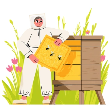 A beekeeper wearing a white protective suit and a veil is inspecting honeycombs inside a wooden beehive. The beehive has a rustic appearance with a weathered finish and is situated in a lush green garden. The beekeeper holds a frame filled with golden honeycomb, showcasing the glistening honey and busy bees. In the background, there are colorful flowers and tall grass, creating a vibrant environment for the bees. Sunlight filters through the leaves, casting dappled shadows around the scene.