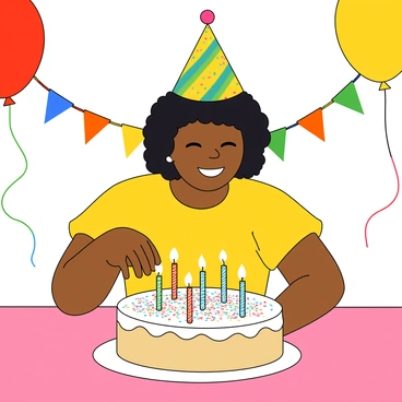 A young woman with medium skin and curly black hair, wearing a colorful party hat and a bright yellow dress, is sitting at a festive table. In front of her is a round birthday cake decorated with white frosting and colorful sprinkles, featuring six lit candles on top. She is leaning slightly forward, her eyes closed tightly as she prepares to blow out the candles. The table is adorned with colorful balloons and a few party streamers in the background, creating a cheerful atmosphere. Her hands are poised near the cake, and a smile is forming on her lips, capturing the excitement of making a wish.