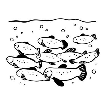 A school of flounders swimming closely together, their flat bodies positioned horizontally. The background features the elements of clear water with gentle undulations creating a sense of movement. Light reflections dance upon the surface of the water, creating dynamic patterns. The flounders display detailed textures on their skin, showcasing their unique patterns and shapes.