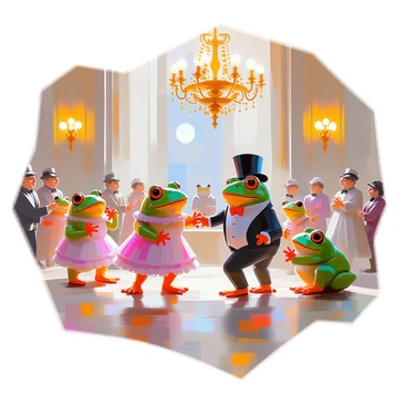 An elegant Victorian ballroom is filled with a lively gathering of frogs dressed in exquisite attire. The frogs are wearing tailcoats, dresses with frills, and top hats, showcasing a variety of vibrant colors and intricate patterns. The ballroom features grand chandeliers hanging from a high ceiling, casting a warm glow over the polished wooden floor. Ornate decorations line the walls, and a large window reveals a moonlit night outside. The frogs are engaged in a joyful dance, some partnering while others watch and applaud, creating a lively atmosphere.