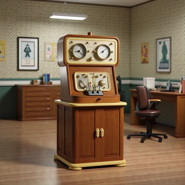 An old-fashioned EEG machine with dials and gauges in a retro clinic