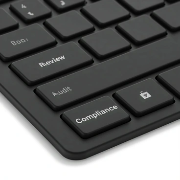 A close-up view of a computer keyboard showcasing keys that are specifically labeled with audit-related terms. The keys include "Review," "Approve," "Audit," and "Compliance," all in clear, bold lettering. The keyboard has a sleek, modern design with a matte black finish, and the keys have a slightly glossy texture. The focus is sharp on the keys, highlighting their labels, while the surrounding area is slightly blurred to emphasize the importance of the terms displayed.