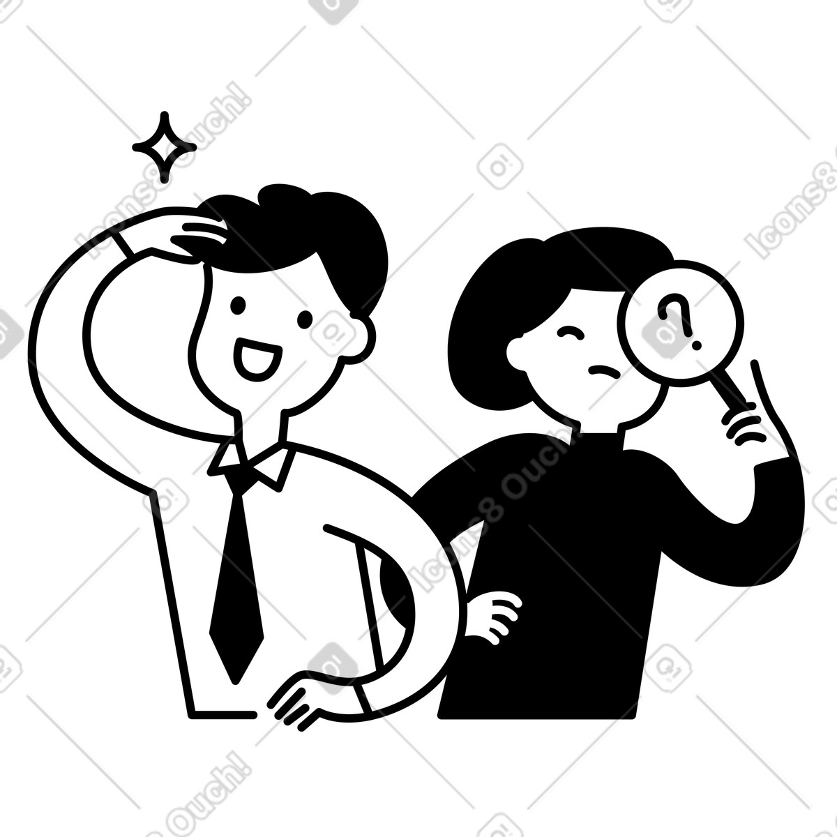 Notion Line Art 스타일의 Confidence businessman smiling with sparkle while worried colleague raises question 일러스트레이션 PNG, SVG 다운로드