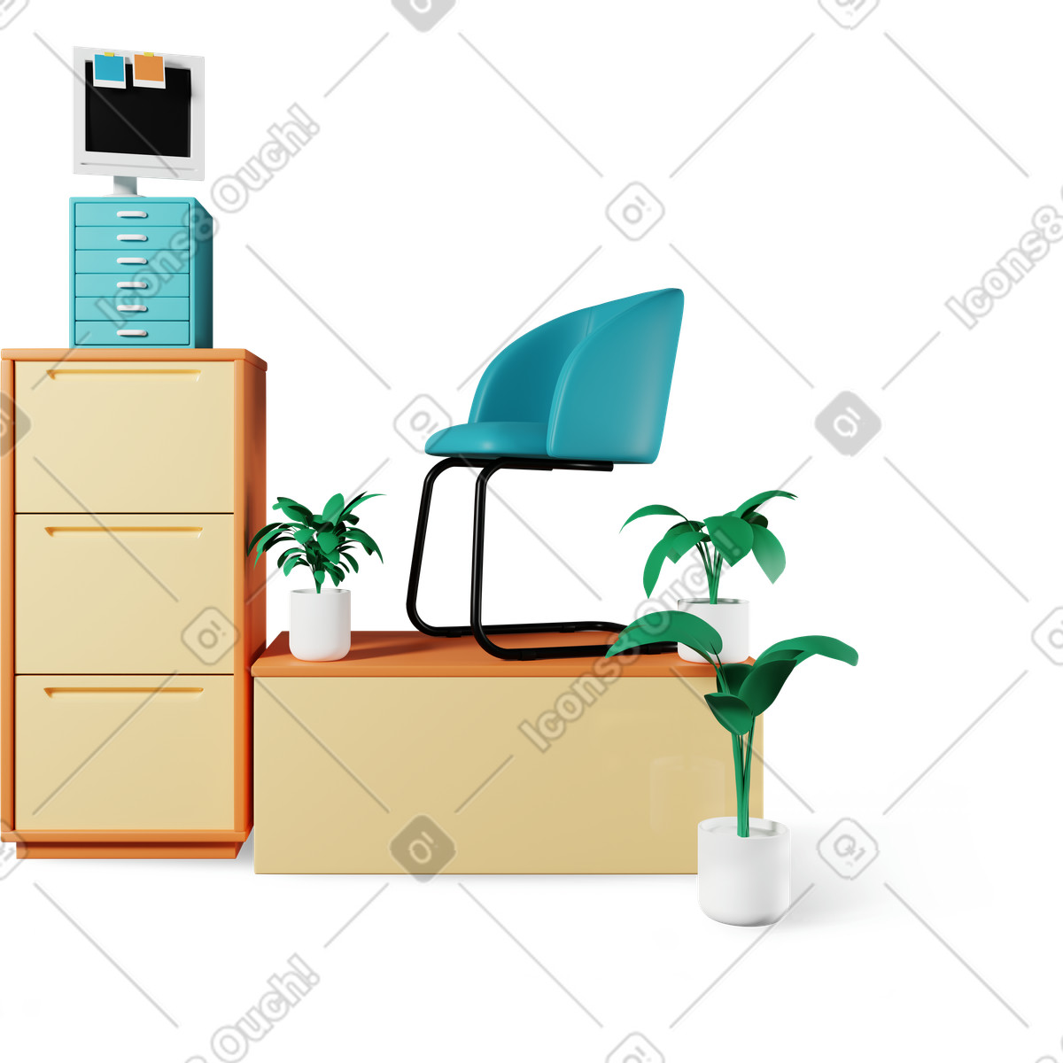 Mobili e piante per ufficio illustrazione in stile 3D Plastic people scarica in PNG, SVG