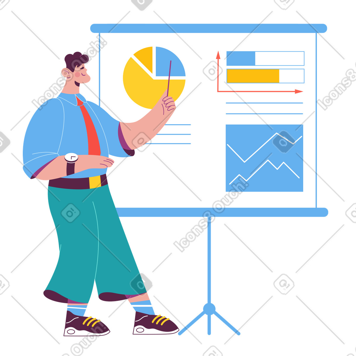 Business analyst pointing at data charts, finance meeting and reporting illustration in Sammy style download in PNG, SVG
