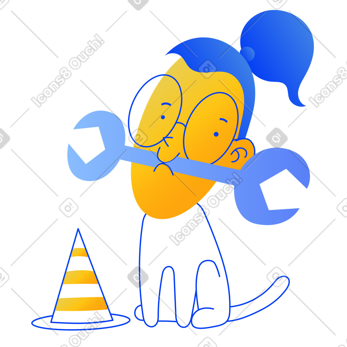 Character with wrench sitting beside construction cone, Website maintenance or page under animated illustration in Buddy style download in GIF, Lottie (JSON), AE